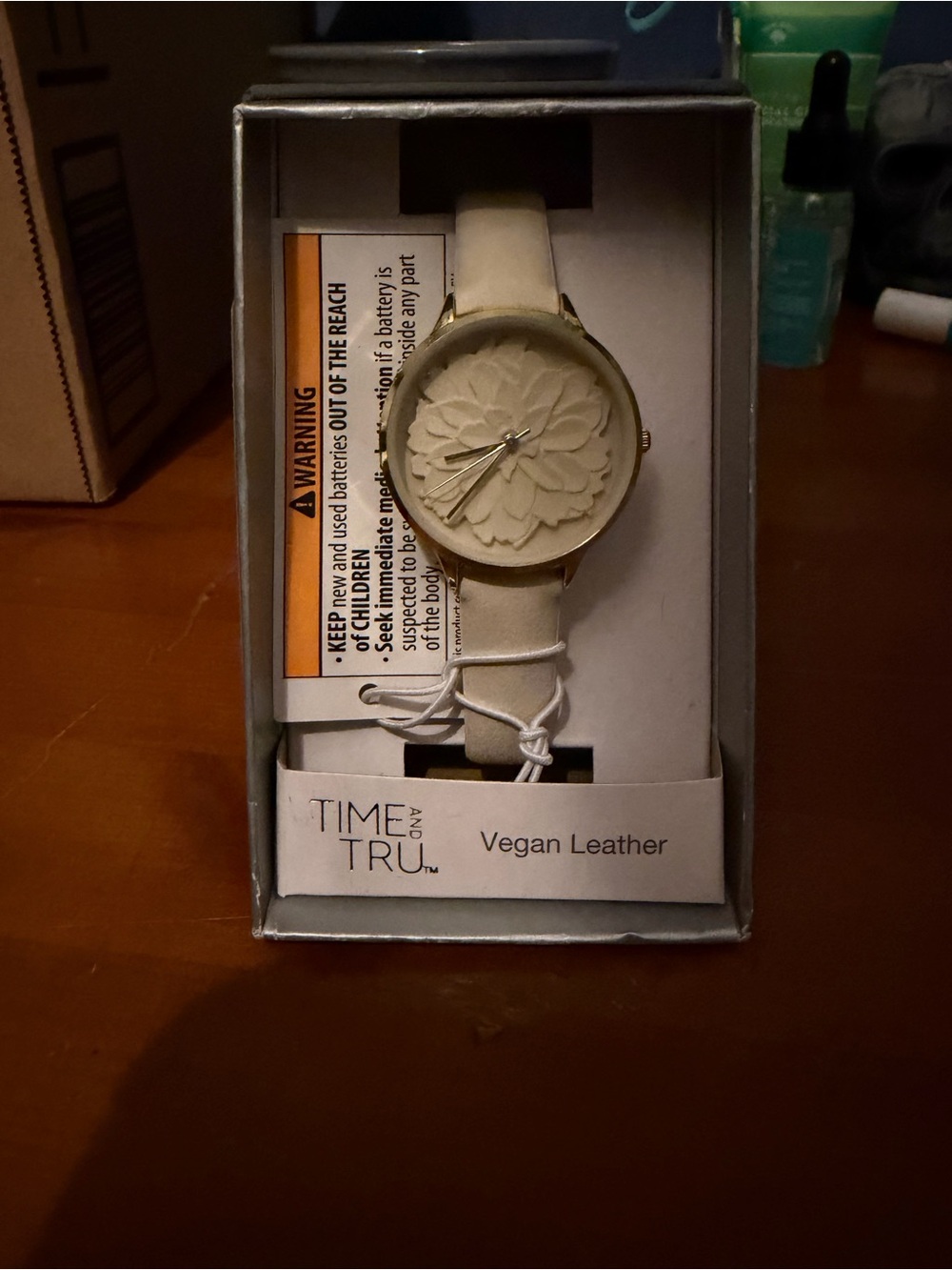 Time and Tru Cream Vegan Leather Floral Dial Watch